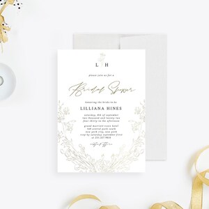 Bridal Shower Invitation with Floral Wreath Design, Bride-to-Be Invitation Card in White and Gold