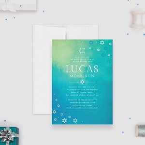 Bar Mitzvah Invitation Card in Blue and Green, Jewish Milestone Invitation with Torah Scroll, Personalized Jewish Party invitations