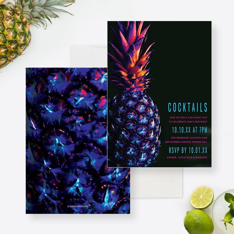 May include: A neon purple and blue pineapple with a black background. The text "COCKTAILS" is in blue and white. The text "JOIN US FOR A FUN NIGHT OUT TO CELEBRATE ANN'S BIRTHDAY" is in white. The text "10.10.XX AT 7PM" is in pink. The text "THE BRISBANE COCKTAIL BAR 503 SUMMER AVENUE SPRING HILL RSVP BY 10.01.XX DINNER, COCKTAILS & DANCING" is in white.