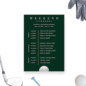Modello modificabile di itinerario di golf, Schede itinerario di viaggio stampabili, Download digitale della scheda della cronologia, Scheda informativa Itinerario di benvenuto