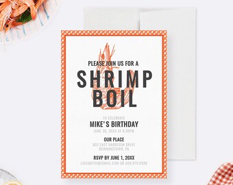 Szablon zaproszenia Shrimp Boil do edycji, 21. 30. 40. 50. urodziny Lunch zaproszenia cyfrowe do pobrania, zaproszenie do gotowania owoców morza, kolacja z krewetkami