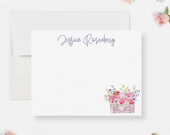 Custom Watercolor Flower Note Card Set With Name Personalized Stationery for Women Teacher Gift Floral Writing Set
