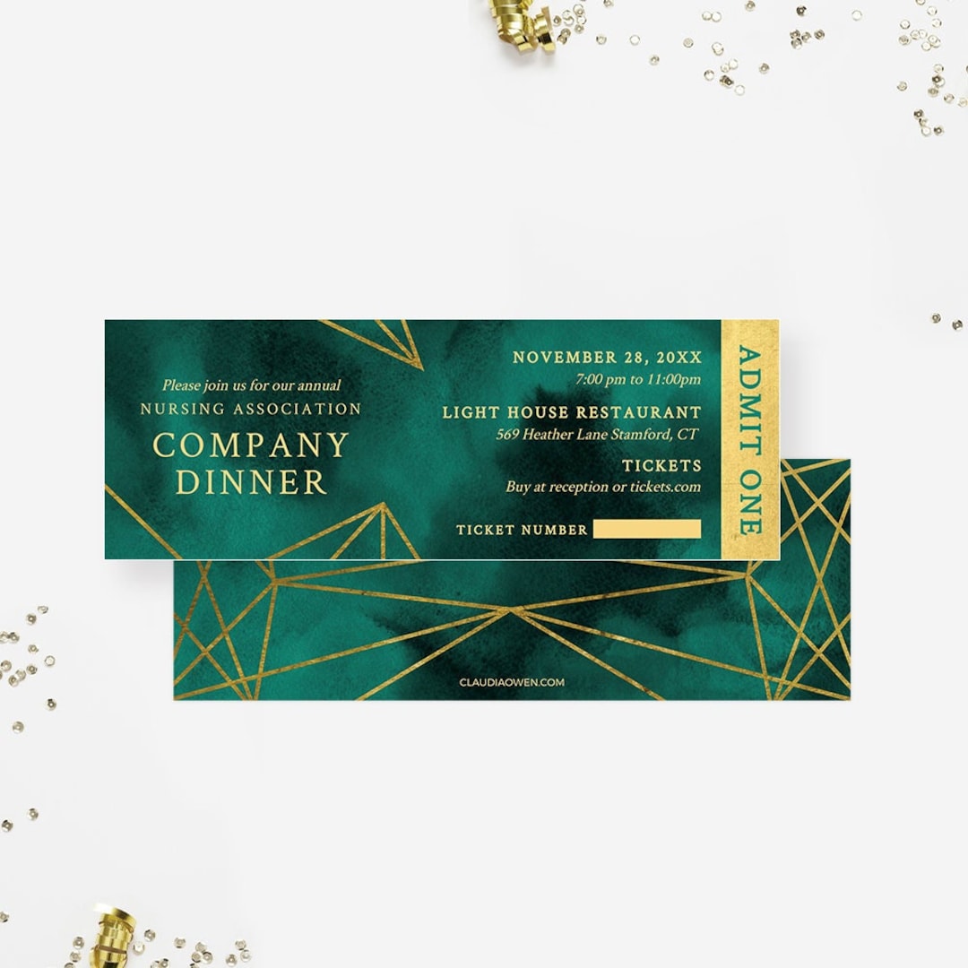 Company Dinner Editable Ticket Template, Personalized Emerald Green