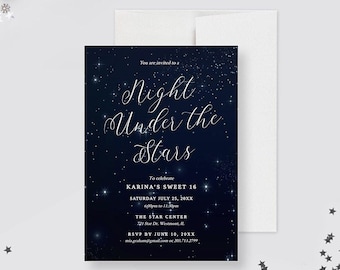 May include: A rectangular invitation card with a dark navy blue background featuring a white starfield pattern. The text reads: You are invited to a Night Under the Stars to celebrate KARINA'S SWEET 16 SATURDAY JULY 25, 20XX 6:00pm to 11:30pm THE STAR CENTER 721 Star Dr. Westmont, IL. RSVP BY JUNE 10, 20XX mia.graham@gmail.com or 203.713.2799.