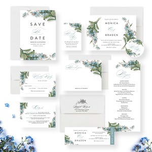 Vintage Flowers Wedding Invitation, Forget Me Nots Illustration Invites, Old Style Drawing Floral Garden Party, Spring Summer Bridal Shower