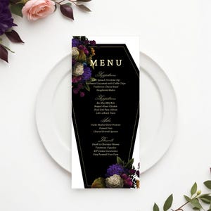 Menú editable RIP Youth, plantilla de menú editable Death to My 20s, descarga digital del menú imprimible Rip 20s, menú Coffin with Flowers