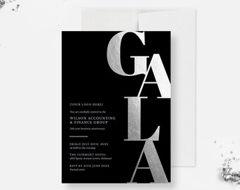 Fundraiser Gala Party Invitation Template, Corporate Business Party Invites, Company Professional Event in Black and Silver