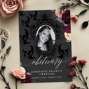 Modelo de obituário de morte para minha juventude, download digital do programa funerário, festa de aniversário de morte floral para meus 20 e 30 anos