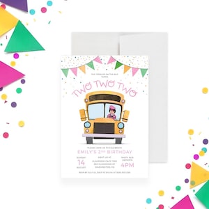 Two Two Two Birthday Invitation Editable Bus Themed Party Invite for Toddler Girl Second Birthday Instant Download Printable Template