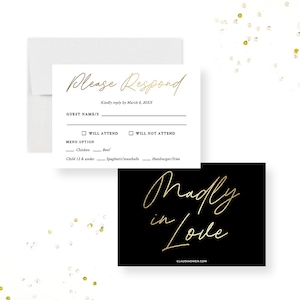 Modelo de cartão RSVP romântico com seleção de menu, cartões de anexo de aniversário de casamento, download digital de cartão de detalhes, cartões RSVP para impressão