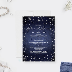 Denim and Diamonds Party Invitations, Diamond Wedding Anniversary Party, 40th 50th 60th 70th Birthday Invites