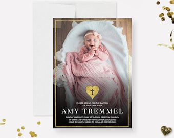 Plantilla de invitación con foto de bautismo para niñas y niños, Descarga digital de invitaciones de bautizo religioso, Invitación imprimible de la Sagrada Comunión