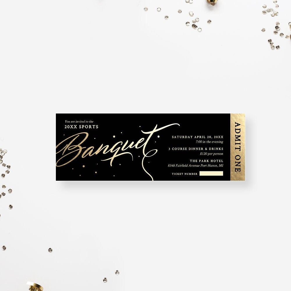 Banquet Ticket Template, Black and Gold Admit One Digital Download, Elegant Ticket Invitation, Event Printable Tickets