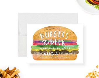 May include: A watercolor illustration of a hamburger with the text "Burgers & Beer" and "Mark is turning 39". The invitation includes details for a party on August 4th at 5:00 PM in the backyard at 10 Burger Park Ave. RSVP by July 27th to Olivia at 617-589-1452.