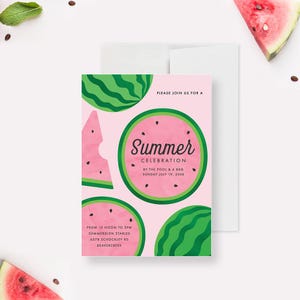 Summer Party Invitation Card with Watermelon Illustration, Summer Pool Party Birthday Invitations
