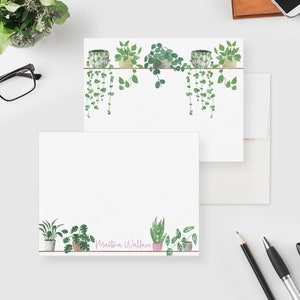 Carte de correspondance personnalisée plantes en pot, ensemble de papeterie plante d'intérieur pour elle, cartes de remerciement verdure moderne, cadeaux pour amoureux des plantes