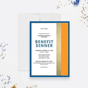 May include: A blue and gold invitation for a benefit dinner hosted by Helgerson Financial Strategies. The event will be held on Thursday, January 31, 20XX at The Grand Hotel in Summerfield, Florida. The invitation includes the time, date, location, and RSVP information.