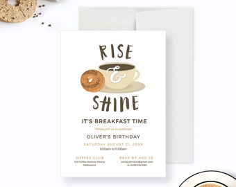 Rise and Shine Geburtstagsfrühstücksparty-Einladung bearbeitbare Vorlage, Kaffee und Bagel druckbarer digitaler Download, Frühstück einladen