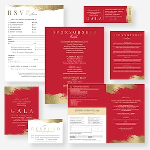 Elegante juego de invitaciones de gala en rojo y dorado, cartel de bienvenida para empresas, boleto para eventos, membrete imprimible, paquete de patrocinio de eventos