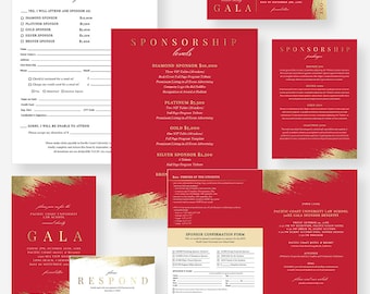 Elegant Gala Invitation Set in Red and Gold, Business Welcome Sign, Event Ticket, Printable Letterhead, Event Sponsorship Package