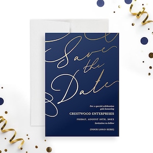 May include: A navy blue "Save the Date" card with gold script lettering. The card includes event details for Crestwood Enterprises, with the date of Friday, August 18th, 20XX. A white envelope is behind the card, with gold confetti.