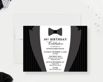 May include: A 50th birthday celebration invitation card designed to look like a tuxedo with a black bow tie, white shirt front, and black pinstriped lapels. The text includes the name Patrick James Wilson, date, time, location, and RSVP details.