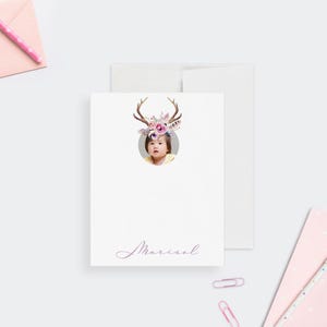 Cartes de correspondance bohèmes avec photo, ensemble de papeterie floral personnalisé avec cerf, papier à lettres personnalisé, cadeau pour baby shower, anniversaire d'enfants, merci