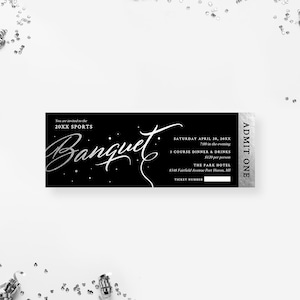 Sjabloon voor banketkaartje in zilver en zwart: digitale download, elegante ticketuitnodiging, toegangskaartjes voor evenement: