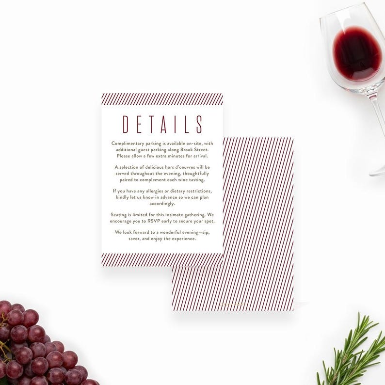 Details card with elegant typography and wine themed design displaying event information and celebration notes