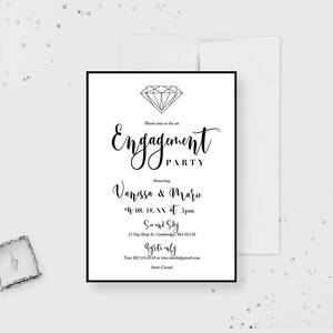 Plantilla editable de invitación para fiesta de compromiso, invitaciones digitales imprimibles con forma de diamante, invitación editable para despedida de soltera