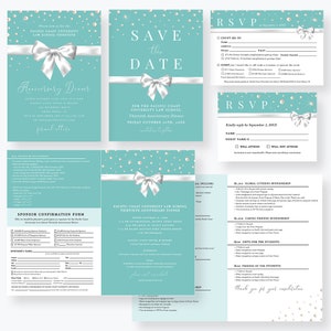 Modèle modifiable d'invitation à une soirée de collecte de fonds en bleu sarcelle avec perles, téléchargement numérique du formulaire de parrainage d'entreprise, carte RSVP, programme de l'événement