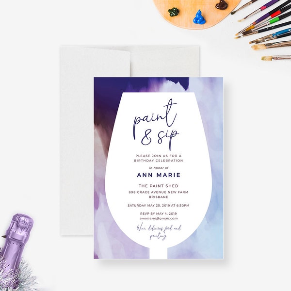 Paint and Sip Wine Party Invitation Editable Template, Wine and Paint Printable Digital Download, Painting Party