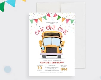 May include: A birthday invitation card featuring a yellow school bus illustration, colourful bunting, and confetti. Text reads: THE BABY ON THE BUS TURNS ONE ONE ONE, OLIVER'S BIRTHDAY, SATURDAY 10 AUGUST, MEET US AT 15 W. MOUNTAINVIEW ST. SUGAR LAND, TX, PARTY BUS DEPARTS 1PM.