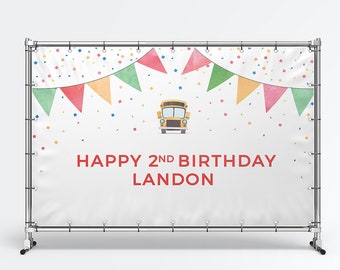 School Bus Birthday Backdrop Editable Template 5ft x 3ft, Wheels on the Bus 1st 2nd 3rd Birthday Printable Banner Digital Download