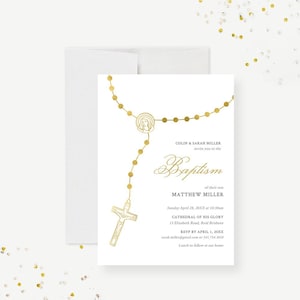 Modèle modifiable d'invitation de baptême, confirmation en téléchargement numérique, faire-part de baptême religieux, événement religieux avec chapelet en or