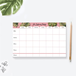 Personalized Weekly Family Planner Notepad, Tropical Leaves Modern Planner, Desk Notepad To Do List Life Organizer, Family Activity image 1