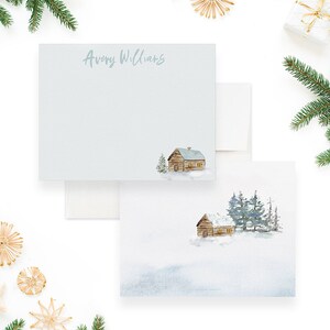 Personalized Christmas Winter Note Card, Watercolor Winter Thank You Card, Forest Thank You Cards with Envelopes, Winter Log Cabin