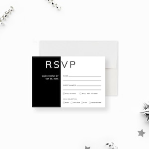 Modèle de carte RSVP noir et blanc avec sélection de menu, cartes pour boîtier, carte détaillée en téléchargement numérique, cartes RSVP imprimables