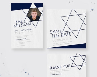 Star of David Bat Mitzvah Jewish Star Invitation, Mitzvah Save the Date Card, Bar Mitzvah Thank You Cards, Religious Minimalist Design