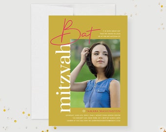 Modern Bat Mitzvah with Photo, Bat Mitzvah Picture Save the Date, Religious Jewish Thank You Card, Star of David Invite Cards