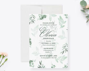 Invitación a fiesta de cumpleaños con vegetación para mujeres, plantilla imprimible para cena de cumpleaños con flores, descarga digital, fiesta en el jardín de primavera