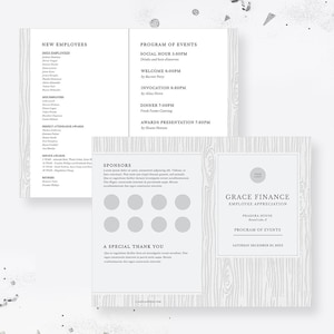 Könnte beinhalten: Ein weißes und graues Programm für eine Mitarbeiter-Wertschätzungs-Veranstaltung von Grace Finance. Das Programm umfasst einen Empfang, eine Begrüßung, eine Ansprache, ein Abendessen und eine Preisverleihung. Die Veranstaltung findet am Samstag, den 20. Dezember 20XX, im Pradera House statt.