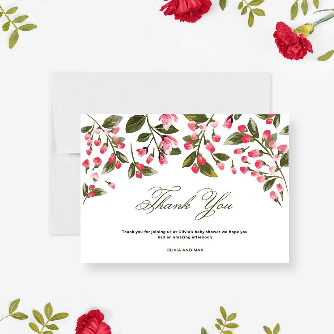 Floral Thank You Cards Editable Template With Pink Flowers, Wedding ...
