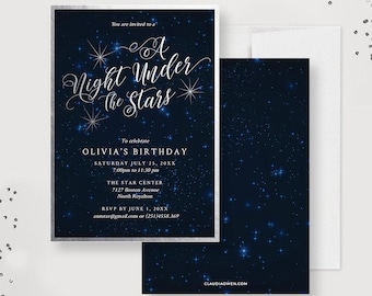 May include: A rectangular invitation card with a dark blue starry night background featuring the text A Night Under the Stars, Olivia's Birthday, and event details. A matching dark blue envelope with a starry pattern is positioned behind it.