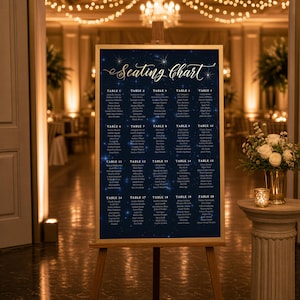 Celestial Seating Chart Poster for Sweet 16 Starry Night Theme Printed Event Sign for Birthday Wedding Party Reception Guest List Display