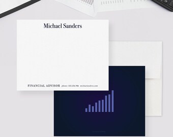 May include: A white card with the text "Michael Sanders" and "FINANCIAL ADVISOR phone: 555.256.986 michaelandres.com" printed on it. A dark blue card with a purple bar graph and the text "STHDIA DATA" printed on it.