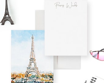 Eiffel Tower Personalized Note Card Custom Paris Themed Stationery Set with Name Flat Thank You Cards French Travel Inspired Gift Idea