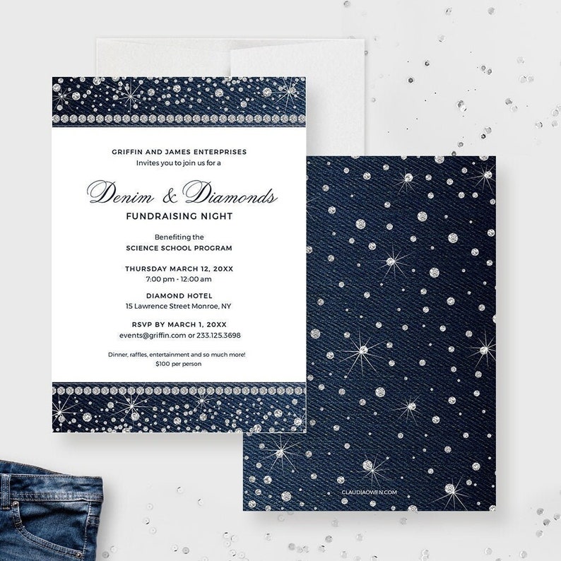 May include: A denim and diamonds themed invitation for a fundraising night benefiting the Science School Program. The event will be held on Thursday, March 12, 20XX at the Diamond Hotel, 15 Lawrence Street Monroe, NY. RSVP by March 1, 20XX.