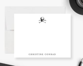 Skull and Crossbones Personalized Note Cards Custom Flat Stationery Set for Goth or Halloween Thank You Notes Death to My 20s Party Card
