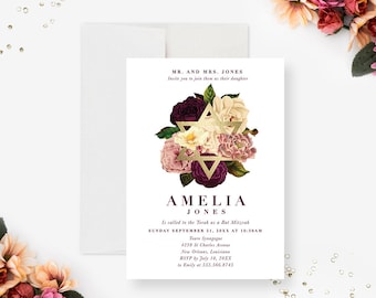 Floral Bat Mitzvah Invitations, Gold Star of David Invites, Unique Bar Mitzvah Card with Flowers, Personalized Religious Jewish Celebration